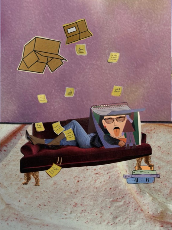 A person lies on a couch under a giant calendar while sticky notes and cardboard boxes float overhead.
